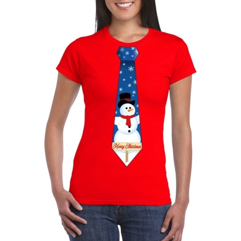 Fout kerst t-shirt rood met sneeuwpop stropdas voor dames M -