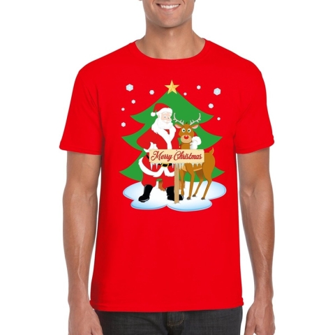 Foute Kerst t-shirt kerstman en rendier Rudolf rood heren M -