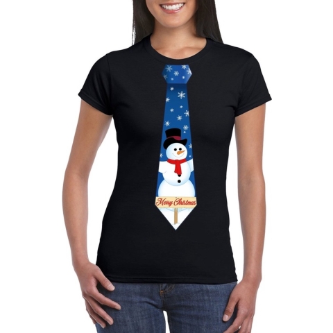 Fout kerst t-shirt zwart met sneeuwpop stropdas voor dames 2XL -