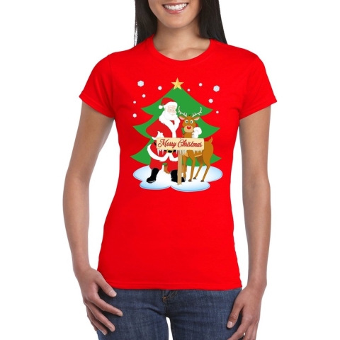 Foute Kerst t-shirt kerstman en rendier Rudolf rood dames M -