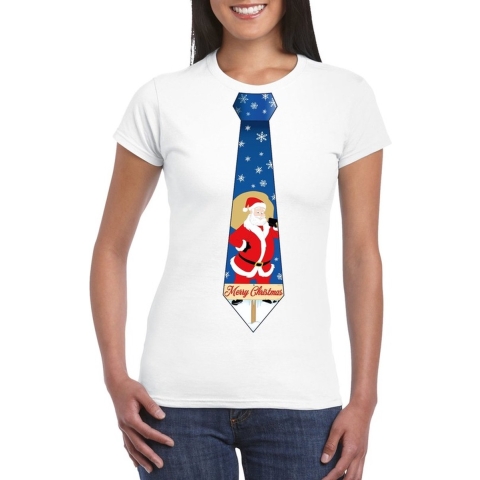 Foute Kerst t-shirt stropdas met kerstman print wit voor dames XL -