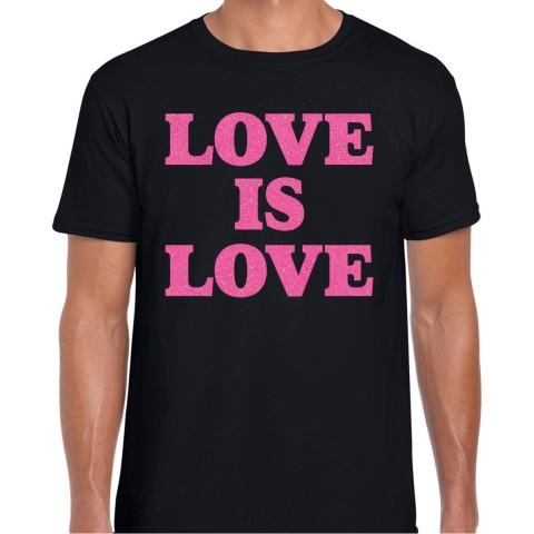 Gay Pride T-shirt heren - love is love - zwart - glitter roze - LHBTI M -