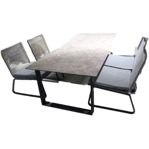 Tuinset Teeburu low dining tafel black, concretee 240x100 cm met 4 stoelen Kome lounge stoel black, rope dark grey - Yoi