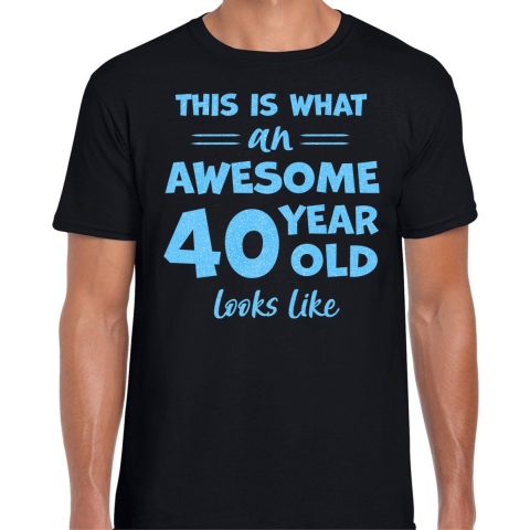 Cadeau T-shirt voor heren - leeftijd 40 jaar - awesome - zwart - glitter blauw - Verjaardagsfeest S -