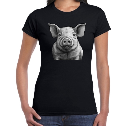 Cadeau T-shirt dames - boerderijdieren liefhebber - zwart - varken L -