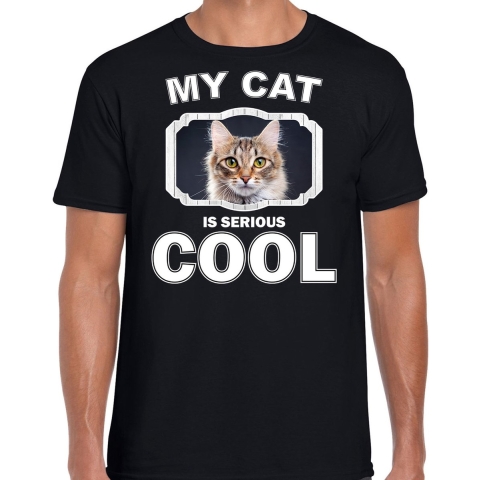 Bruine kat katten / poezen t-shirt my cat is serious cool zwart voor heren L -