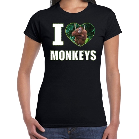 I love monkeys t-shirt met dieren foto van een Orang oetan aap zwart voor dames M -