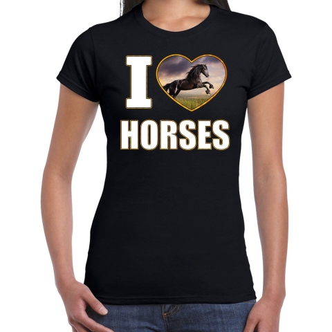 I love horses t-shirt met dieren foto van een zwart paard zwart voor dames L -