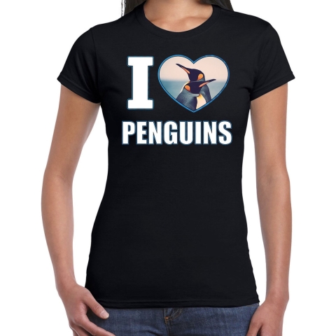 I love penguins t-shirt met dieren foto van een pinguin zwart voor dames M -