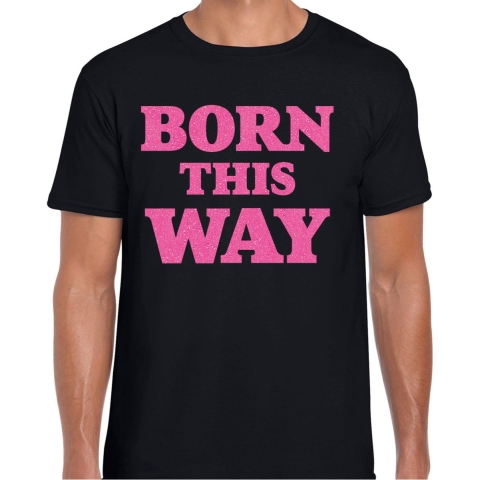 Gay Pride T-shirt heren - born this way - zwart - glitter roze - LHBTI XL -