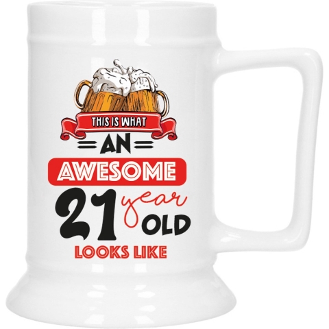 Cadeau Bierpul voor 21 jaar - rood - grappige leeftijd bierpul - keramiek - 530 ml -