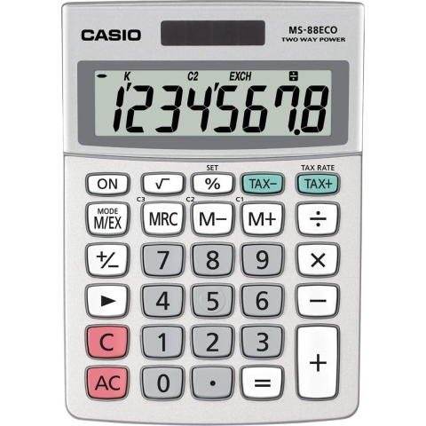 Casio MS-88ECO Bureaurekenmachine Zilver Aantal displayposities: 8 werkt op zonne-energie, werkt op batterijen (l x b x h) 145 x 103 x 31 mm