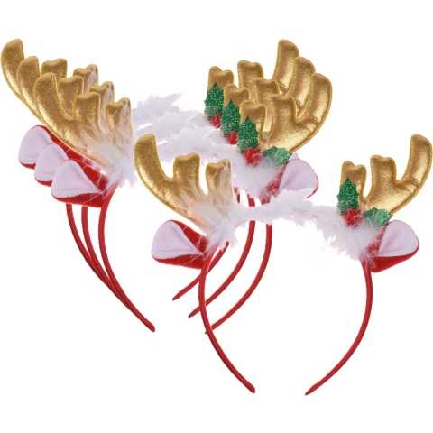 Kerst diadeems/haarbanden - 4x - rendier gewei met oren - goud - polyester - accessoires -