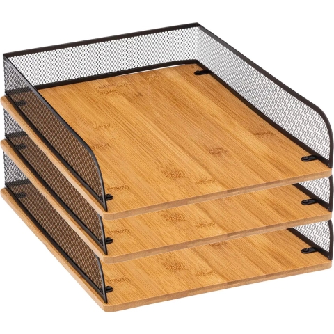 Kantoor postbakje/brievenbak A4 formaat - 3x - zwart mesh - bamboe hout -