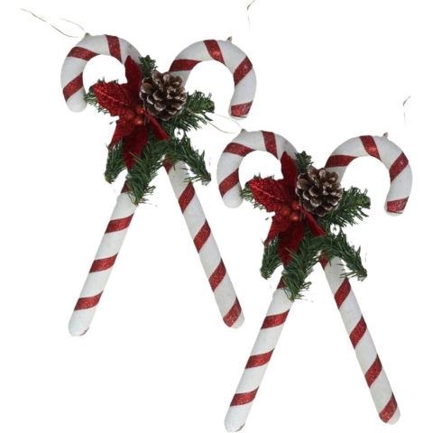 Decoratie zuurstokken - 2x - kunststof - 35 x 25 cm - wit/rood - kerstornamenten -