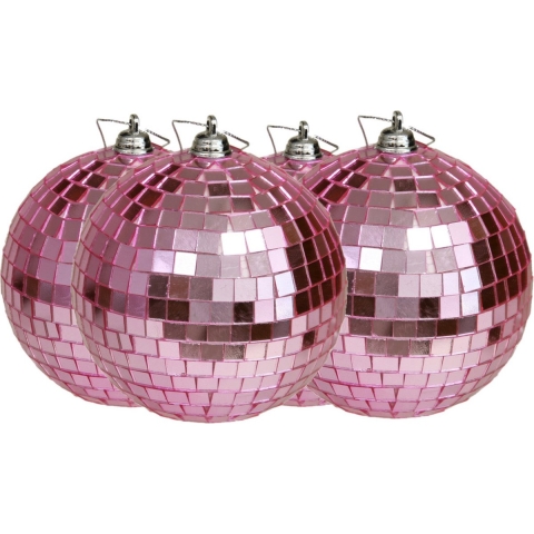 Grote discobal kerstballen - 4x stuks - roze - 10 cm - kunststof -