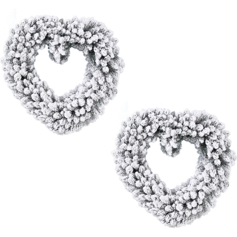 Set van 2x stuks kerstversiering kerstkrans hart met sneeuw deco 50 cm -