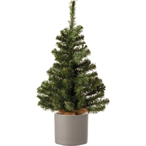 Volle mini kerstboom groen in jute zak 60 cm inclusief taupe pot -