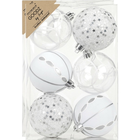 Gedecoreerde kerstballen - 12x st - 8 cm - kunststof - zilver/wit -