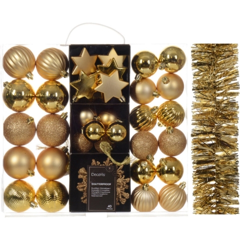 Kerstversiering set - goud - kerstballen, ornamenten en folie slinger - kunststof -
