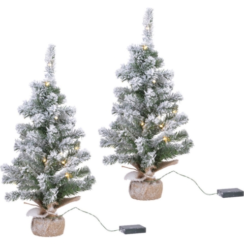 2x stuks kunstbomen/kunst kerstbomen met sneeuw en licht 90 cm -