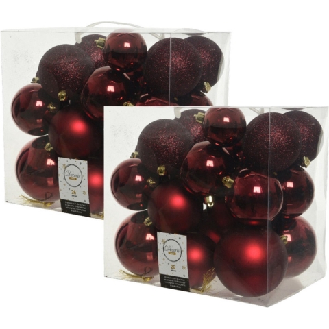 52x stuks kunststof kerstballen donkerrood (oxblood) 6-8-10 cm -