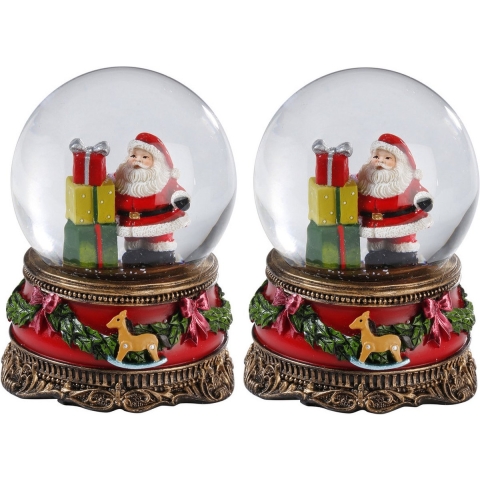 2x Sneeuwbollen/snowglobes kerstman met cadeaus 9 cm -