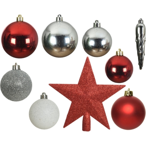33x stuks kunststof kerstballen met piek rood/wit/zilver 5-6-8 cm -
