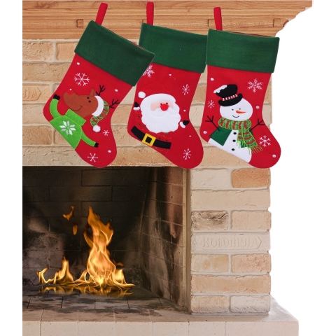 Decoratie kerstsokken - set 3x st - rood - kerstman,sneeuwpop, rendier - H45 cm -