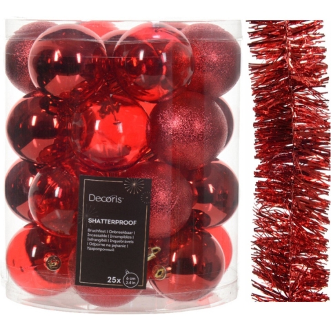 Kerstversiering set - rood - kerstballen 6 cm en kerstslinger - kunststof -