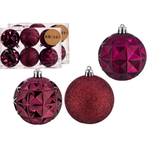 Gedecoreerde kerstballen - 18x stuks - wijn rood - kunststof - 7 cm -