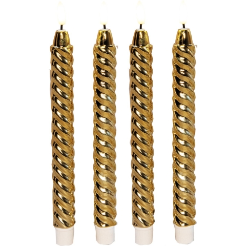 LED dinerkaarsen - 4x st - goud - glimmend - 25 cm - swirl - 3D vlam - timer functie -