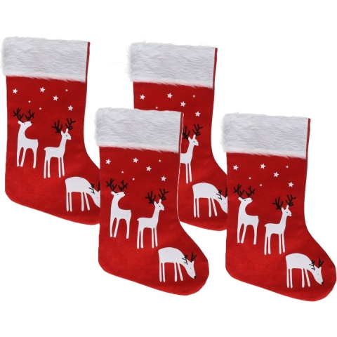 Decoratie kerstsokken - 4x - rood - B27 x H46 cm - polyester - rendieren- kerstsokken -