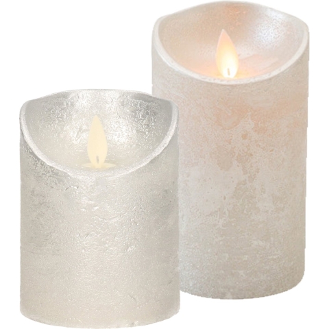 LED kaarsen/stompkaarsen - set 2x - zilver - H10 en H12,5 cm - bewegende vlam -