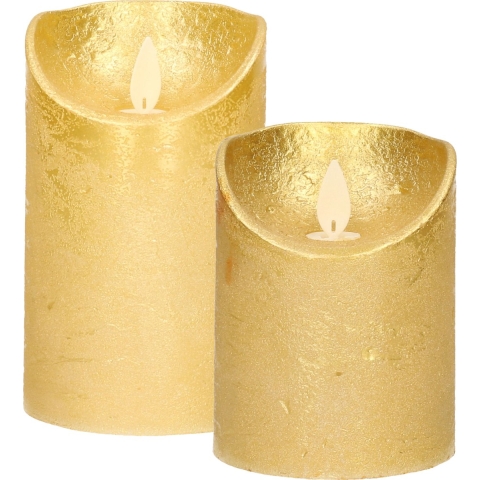 LED kaarsen/stompkaarsen - set 2x - goud - H10 en H12,5 cm - bewegende vlam -