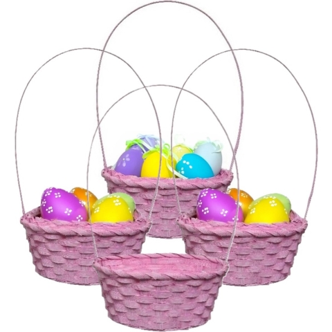 Rieten mandje met hengsel - 4x - roze - D20 x H38 cm - paasmandje -