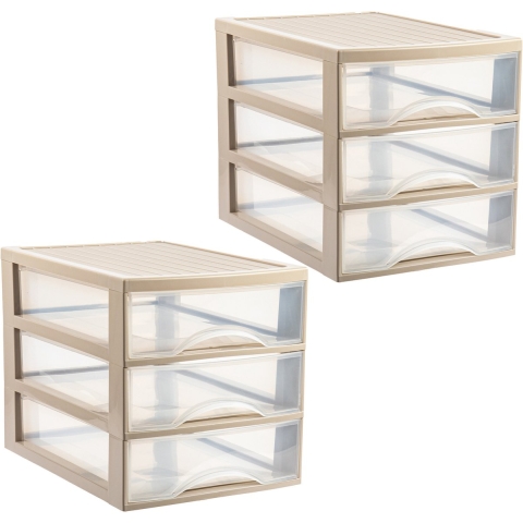 Ladekastje bureau organizer - 2x - 3 lades - beige/transparant - L26 x B35 x H27 cm - kunststof -