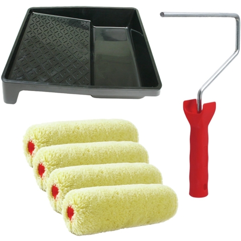 Sorex Verfrollers schilderen set - met beugel en verfbak - 4x vacht verfrollers - breedte 18 cm -