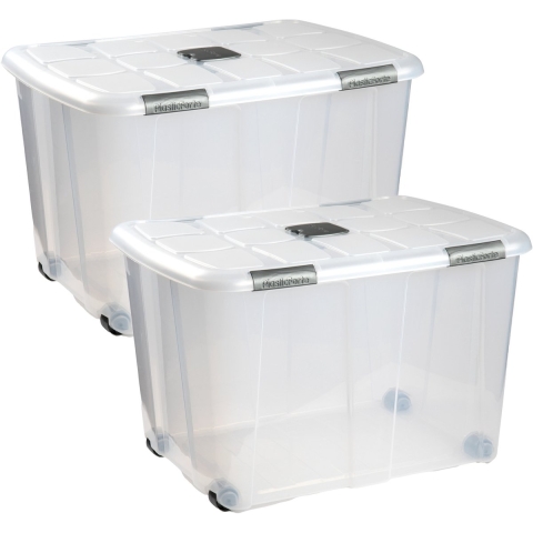 Plasticforte Opslagbak/box met deksel - 2x - 100L - 80 x 60 x 33 cm - transparant - met wielen -