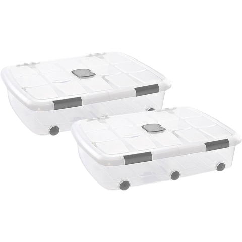 Plasticforte Opslagbak/box met deksel - 2x - 56L - 80 x 60 x 18 cm - transparant - met wielen -