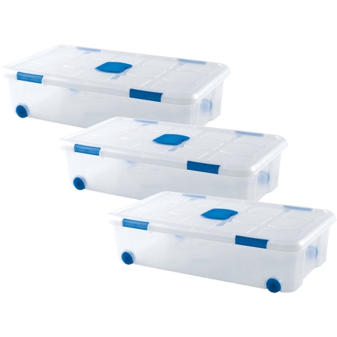 Plasticforte Opslagbak/box met deksel - 3x - 30L - 73 x 41 x 18 cm - transparant - met wielen -