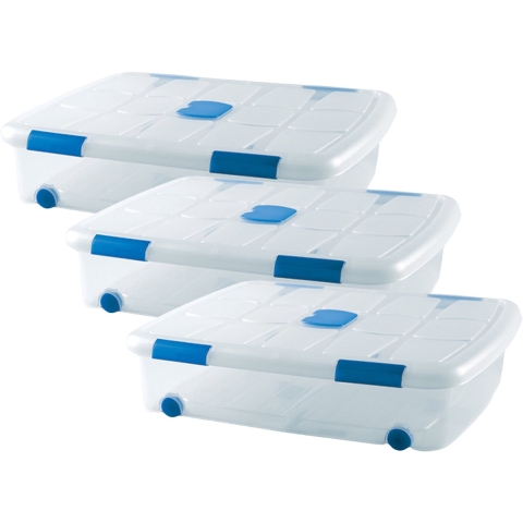 Plasticforte Opslagbak/box met deksel - 3x - 41L - 73 x 55 x 16 cm - transparant - met wielen -