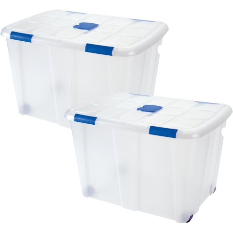 Plasticforte Opslagbak/box met deksel - 2x - 130L - 74 x 54 x 48 cm - transparant - met wielen -