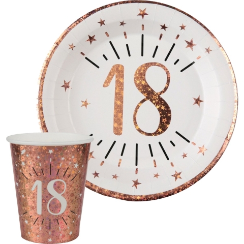 Verjaardag feest bekertjes en bordjes leeftijd - 40x - 18 jaar - rose goud - karton -