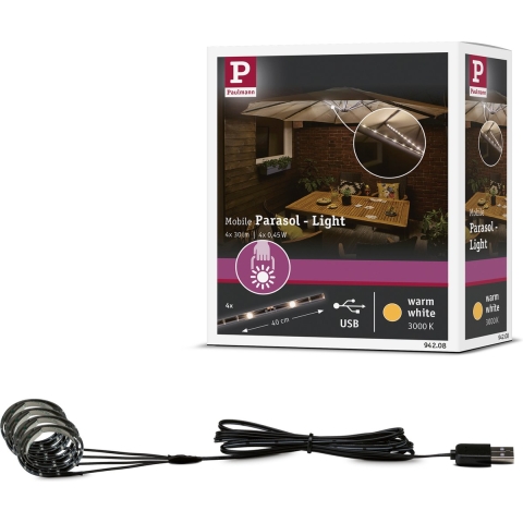Paulmann 94208 Parasol Accu-zonneschermverlichting Set van 4 stuks LED LED vast ingebouwd 1.8 W Zwart