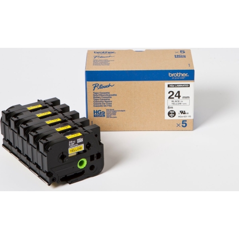 Brother HGe-651V5 Labeltape Set van 5 stuks Tapekleur: Geel Tekstkleur: Zwart 24 mm 8 m