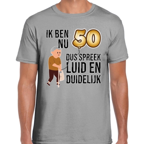 Cadeau T-shirt heren - leeftijd 50 jaar - grijs - luid en duidelijk - Abraham - feest XL -
