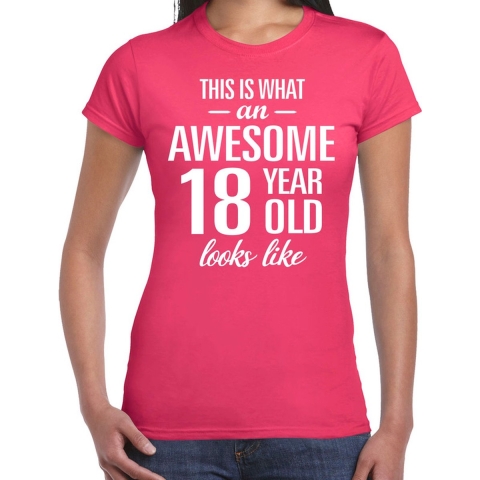 Awesome 18 year / 18 jaar cadeau t-shirt roze dames 2XL -
