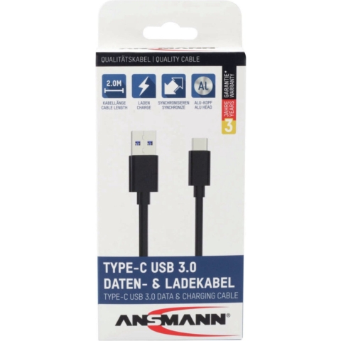 Ansmann USB-kabel USB 3.2 Gen1 (USB 3.0 / USB 3.1 Gen1) USB-A stekker, USB-C stekker 2.00 m Zwart Aluminium-stekker, TPE-mantel, Stekker past op beide manieren