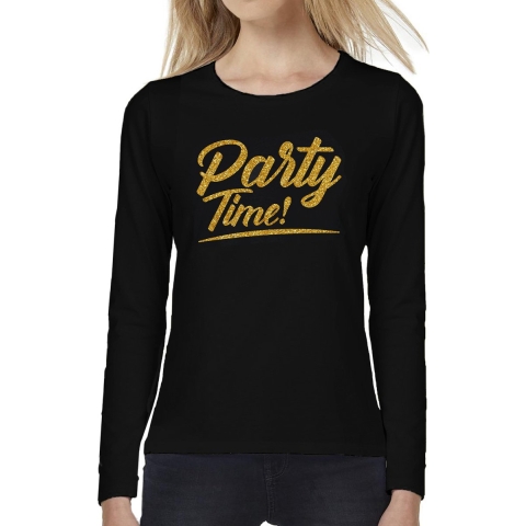 Party time goud tekst longsleeve zwart dames - Glitter en Glamour goud party kleding shirt XL -